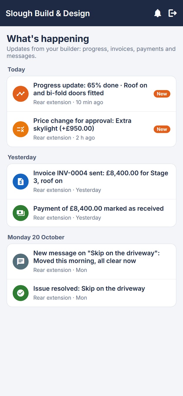Never miss an update: Every update, invoice and message in one feed, with a bell for anything new.